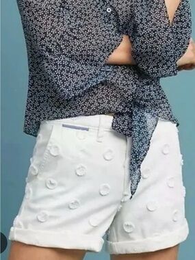 Anthropologie White Embellished Dot Cuffed Shorts
